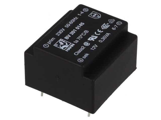 Transformator: ingegoten; 0,35VA; 230VAC; 12V; 29mA; PCB; BV Transformator: ingegoten; 0,35VA; 230VAC; 12V; 29mA; PCB; BV